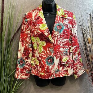 #123 RQT tropical print snap front, jacket size 14